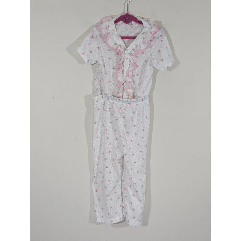 Vintage Carters Girls 4T Snap Waist Pajamas 2 Piece Pink Hearts Ruffles USA